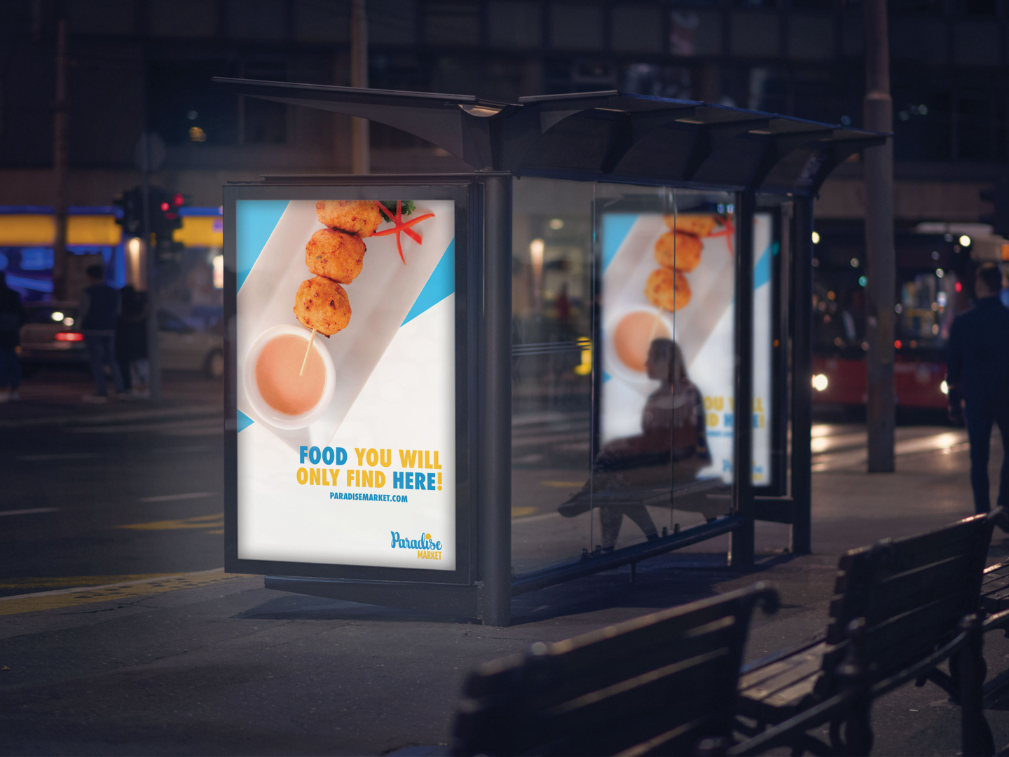 Mockup of a bus stop digital signage focusing on the conch which could be obtained at their deli