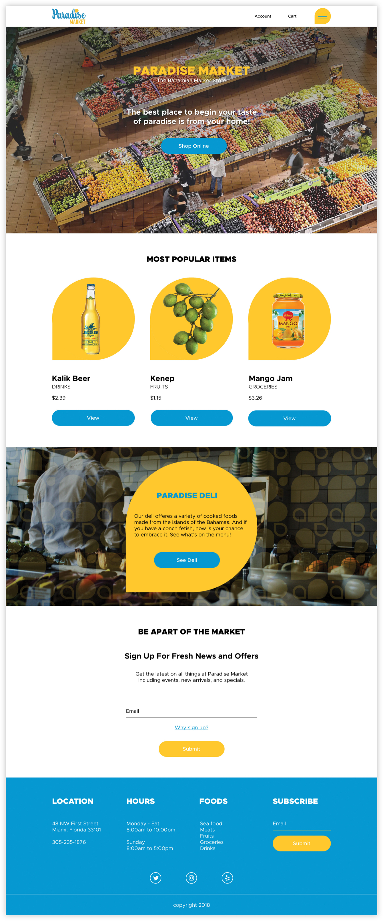 Full page comp of the home page of Paradise Market