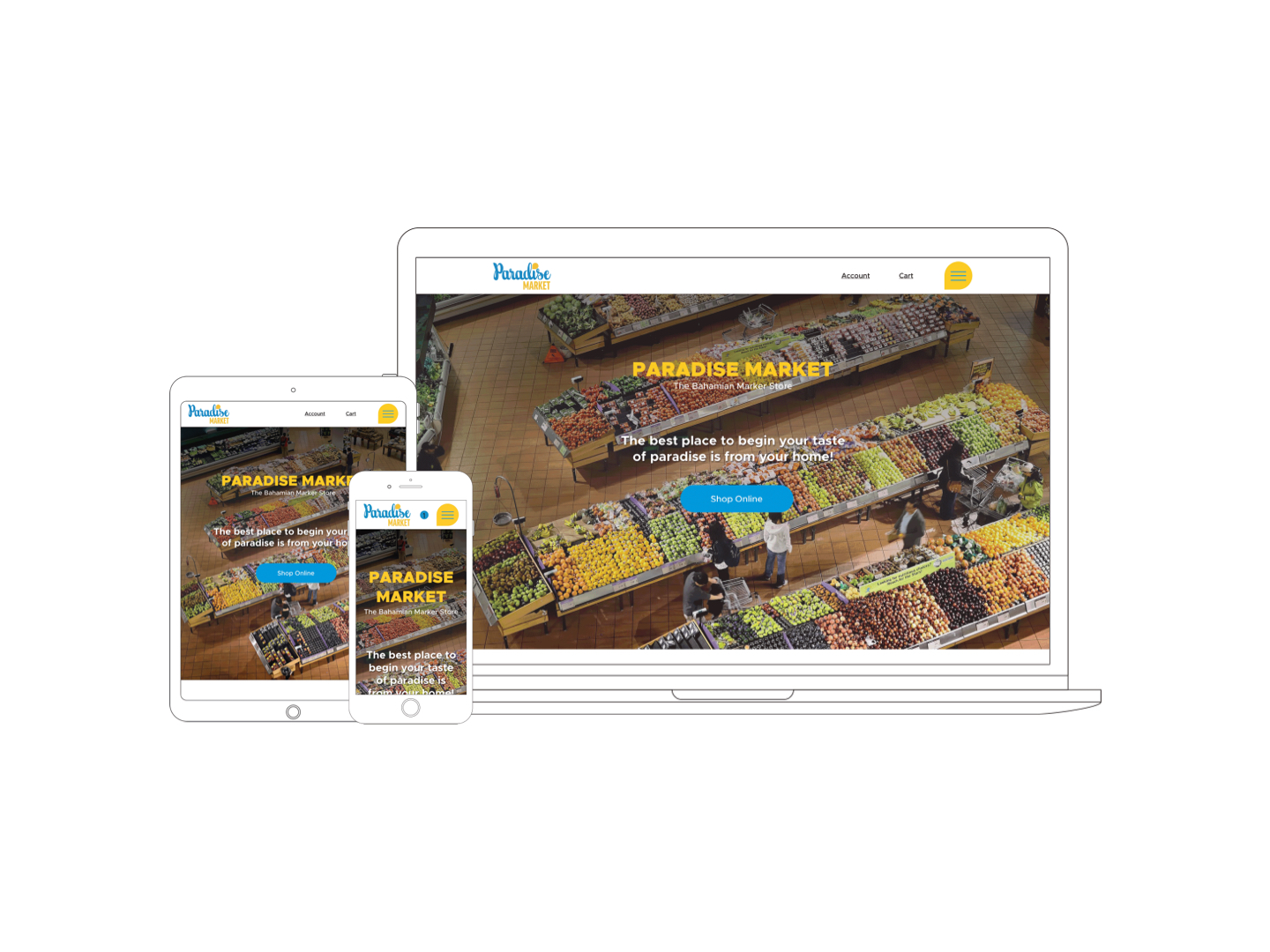 Mockup of the home page for Paradise Market on a laptop, a tablet, and a phone