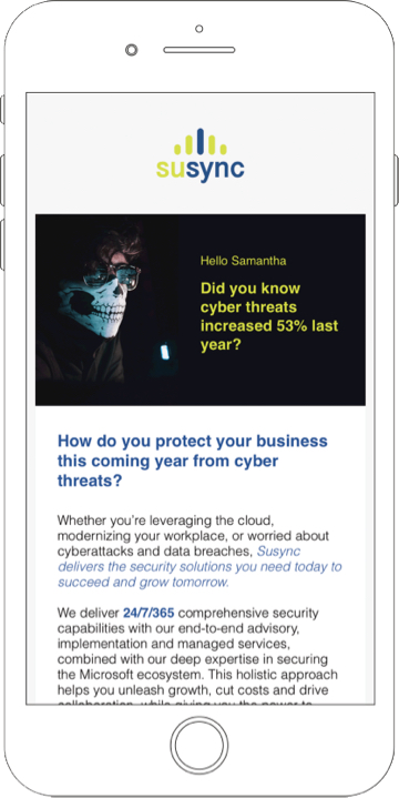 Susync's Promotional email mockup on a cellular device